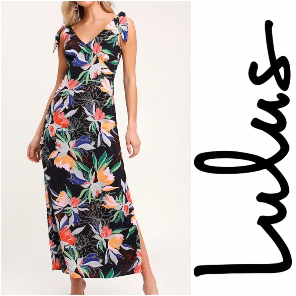 NWT LuLu's Black Tropical Floral Vacation Tie Sleeves A Line Maxi Dress Womens S